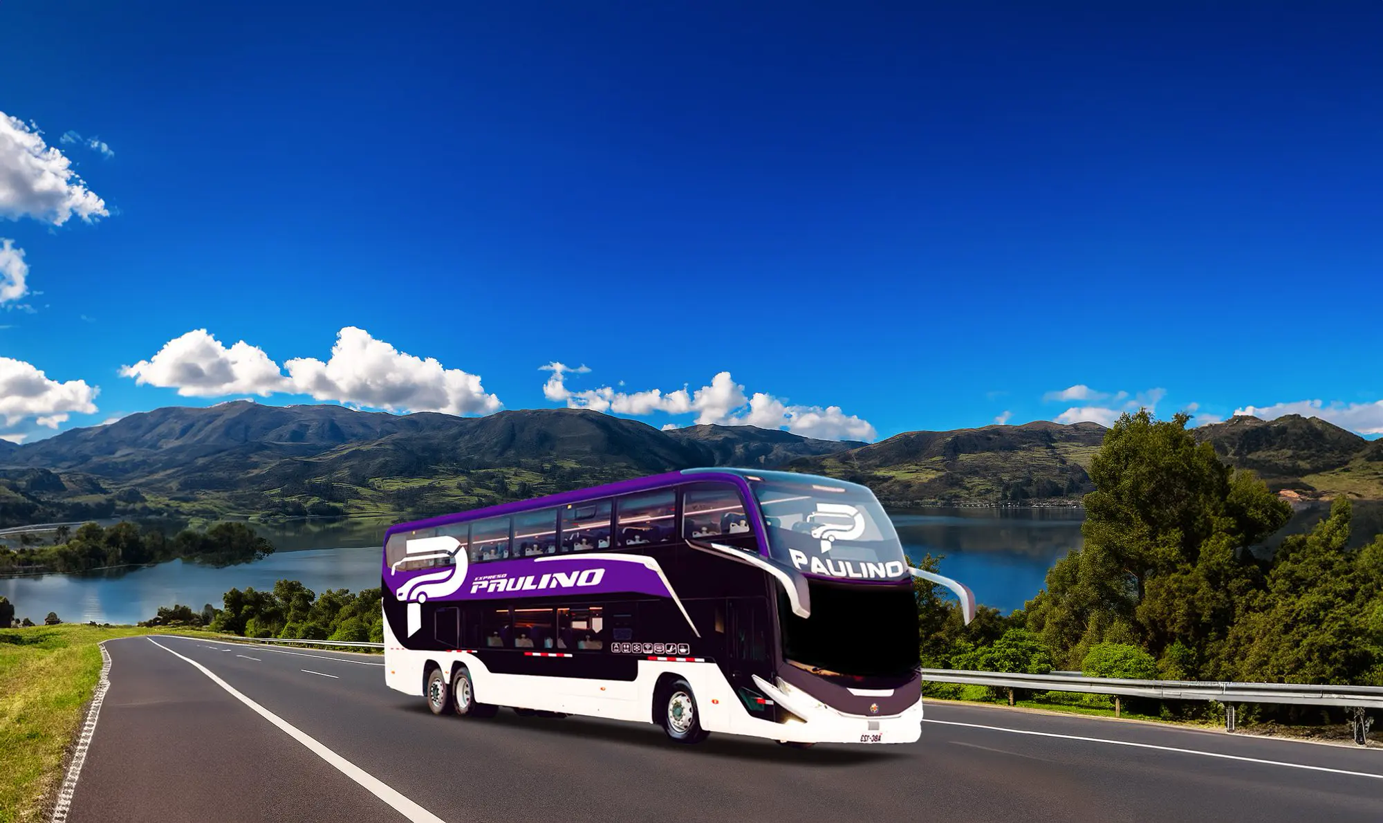 Bus de dos pisos de Expreso Paulino en la carretera junto a una laguna andina